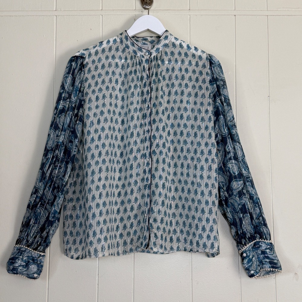 Hemant & Nandita Women's Blue Mixed Print Metallic Threads Blouse Size M Boho